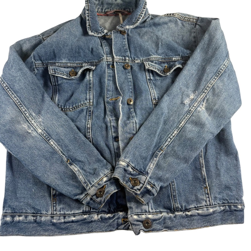 Free People Distressed Oversized Denim Boyfriend Jacket Blue Cotton Small - Picture 2 of 11